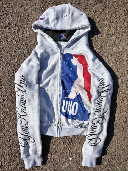 Ykuno Distressed Flag Graphic Zip-Up Hoodie