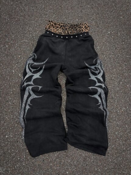 Ykuno Black Leopard Panel Graphic Sweatpants
