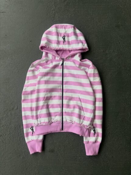 Ykuno Pink & White Striped Zip-Up Hoodie